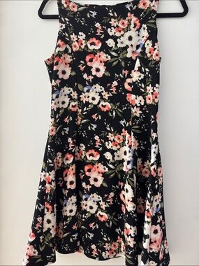 Sears Black Floral A-Line Dress with Pink, White & Blue Blooms